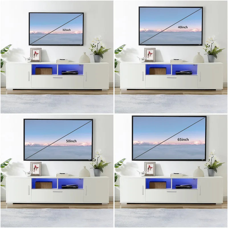 Meuble TV blanc 62,99 € avec éclairage LED, placards et étagères ouvertes pour téléviseurs jusqu'à 65 pouces.