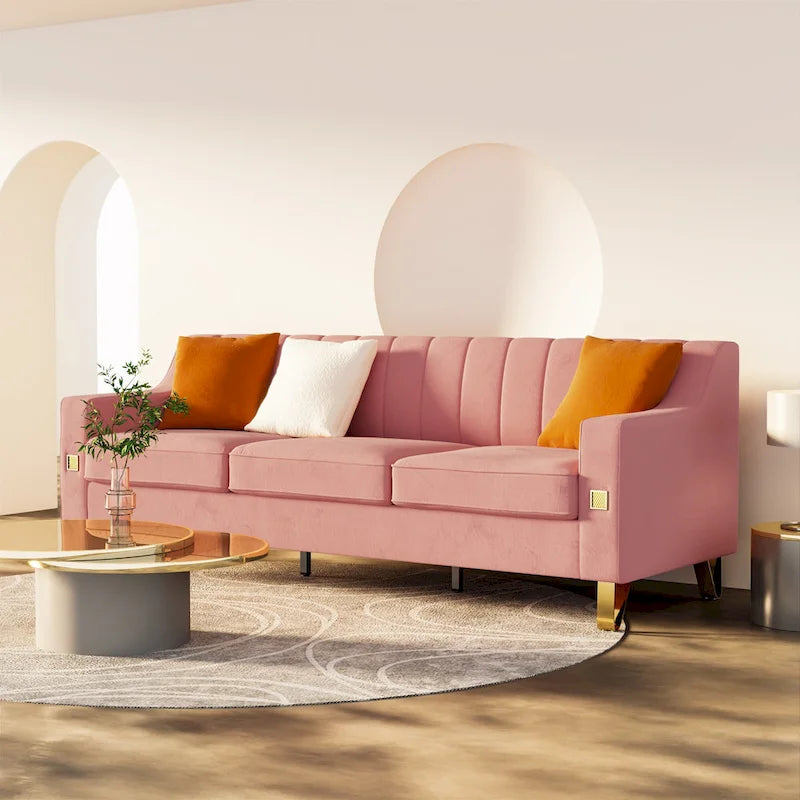 Luxury pink Velvet Sofa with Gold Accents - Modern 3-Seat Couch with Plush Cushions