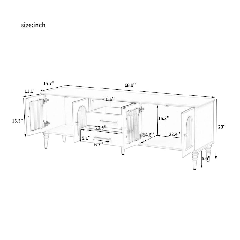 Meuble TV rétro 68,9 pour téléviseurs jusqu'à 75 pouces, console multimédia avec portes en verre cannelé de style arqué et 2 tiroirs