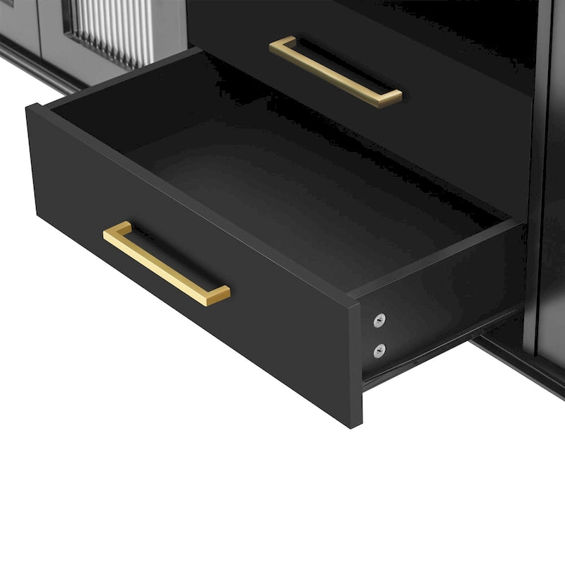 Meuble TV rétro 68,9 pour téléviseurs jusqu'à 75 pouces, console multimédia avec portes en verre cannelé de style arqué et 2 tiroirs