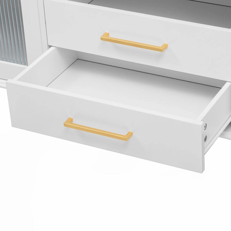 Meuble TV rétro 68,9 pour téléviseurs jusqu'à 75 pouces, console multimédia avec portes en verre cannelé de style arqué et 2 tiroirs