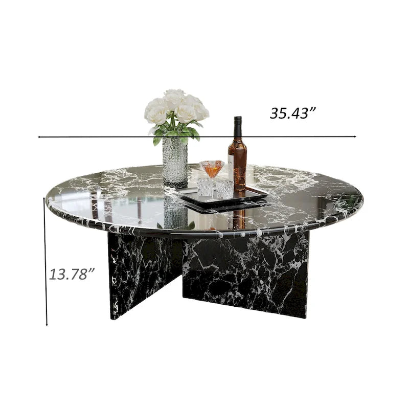 Table basse ronde moderne 35,43 cm, plateau en faux marbre brillant