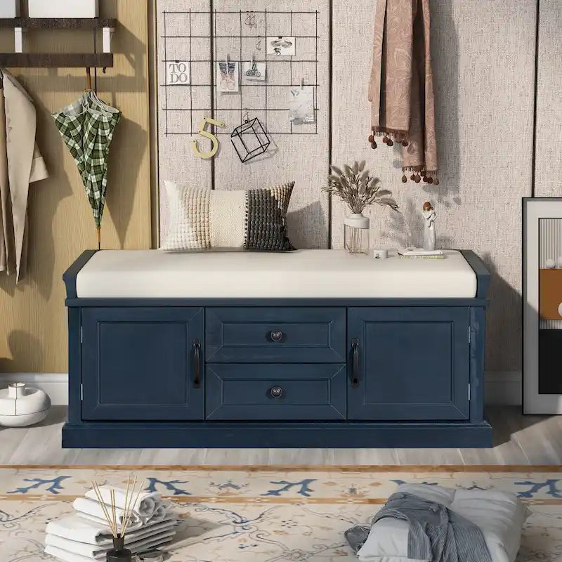 Banc de rangement moderne avec 2 tiroirs et 2 portes, coussin amovible, idéal pour une entrée ou un salon.