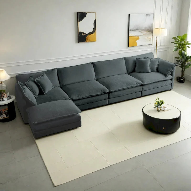 Canapé d'angle modulaire 5 pièces en chenille avec pouf