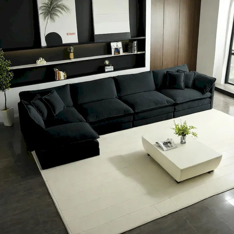 Canapé d'angle modulaire 5 pièces en chenille avec pouf