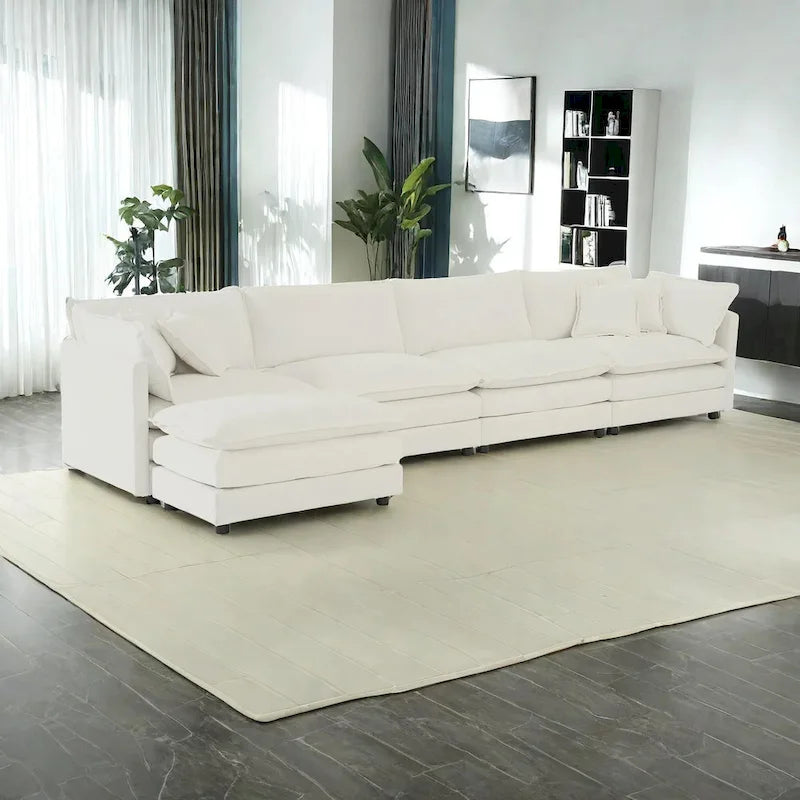 Canapé d'angle modulaire 5 pièces en chenille avec pouf