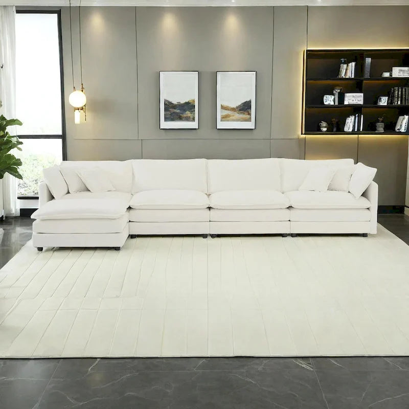 Canapé d'angle modulaire 5 pièces en chenille avec pouf