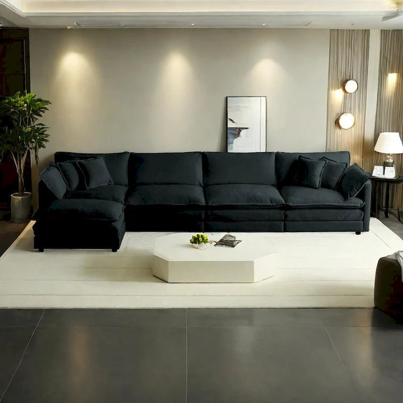 Canapé d'angle modulaire 5 pièces en chenille avec pouf