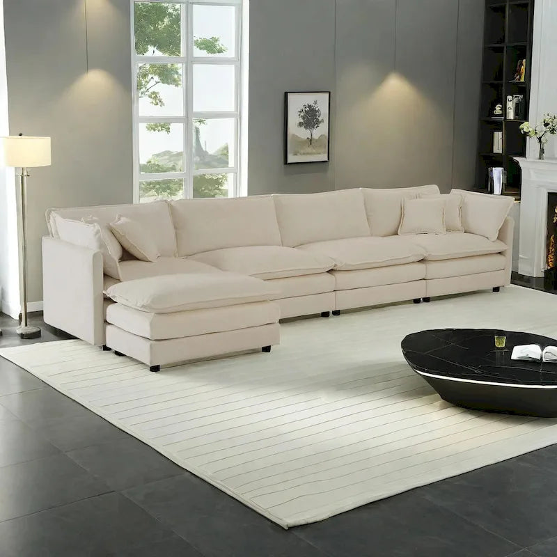Canapé d'angle modulaire 5 pièces en chenille avec pouf