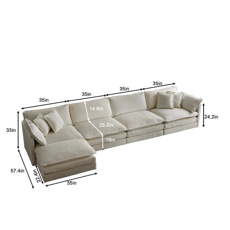 Canapé d'angle modulaire 5 pièces en chenille avec pouf