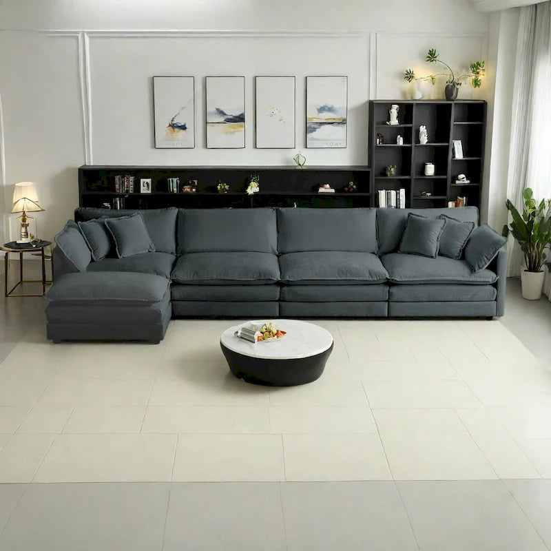 Canapé d'angle modulaire 5 pièces en chenille avec pouf