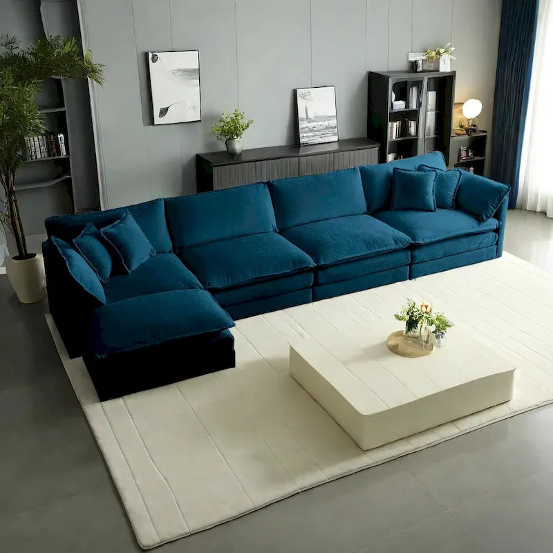 Canapé d'angle modulaire 5 pièces en chenille avec pouf