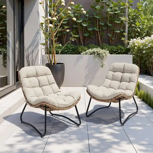 2-Piece Outdoor Papasan Chairs with Thick Padded Cushion PE Rattan Patio Cozy Chairs