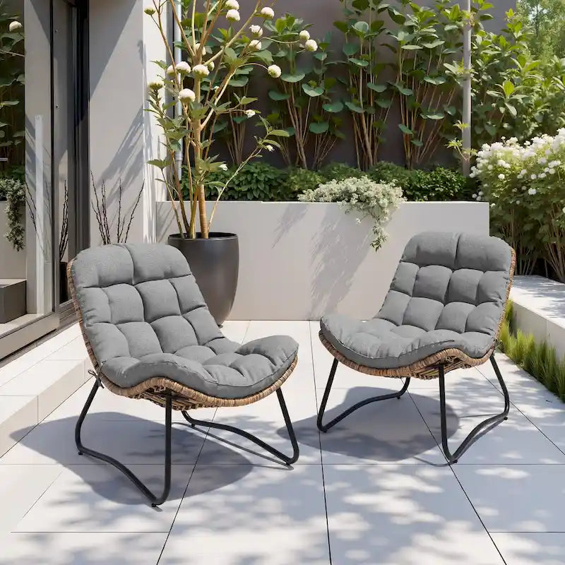 Ensemble de 2 fauteuils Papasan d'extérieur avec coussin épais rembourré, en rotin PE, pour un confort optimal en terrasse.