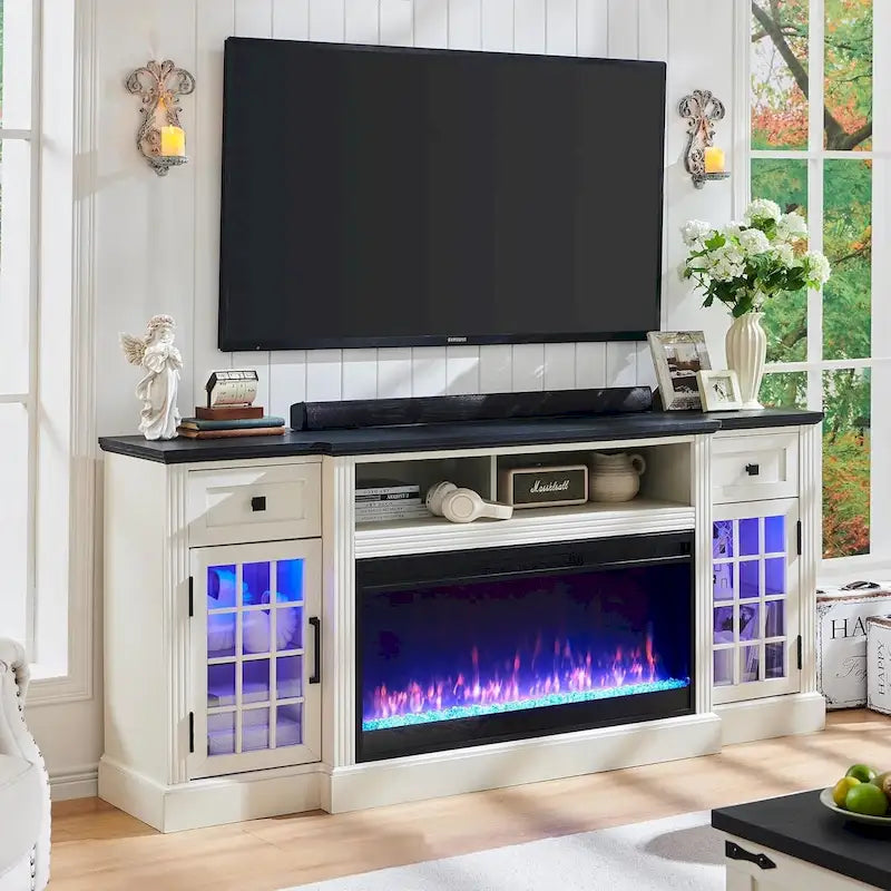 Meuble TV style ferme avec cheminée pour téléviseur 80 pouces, centre de divertissement