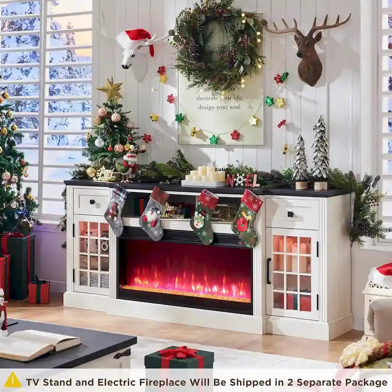 Meuble TV style ferme avec cheminée pour téléviseur 80 pouces, centre de divertissement
