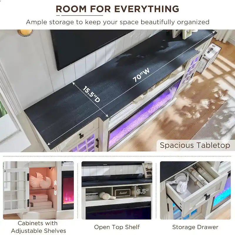 Meuble TV style ferme avec cheminée pour téléviseur 80 pouces, centre de divertissement