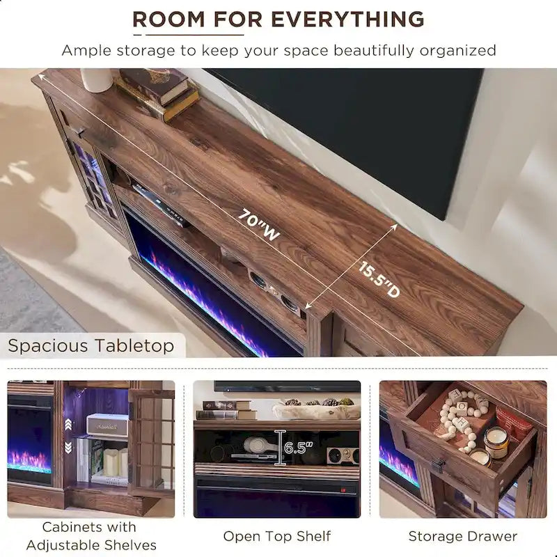 Meuble TV style ferme avec cheminée pour téléviseur 80 pouces, centre de divertissement