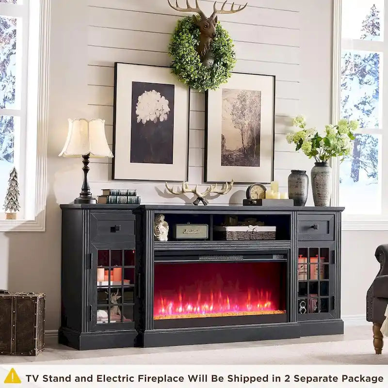 Meuble TV style ferme avec cheminée pour téléviseur 80 pouces, centre de divertissement