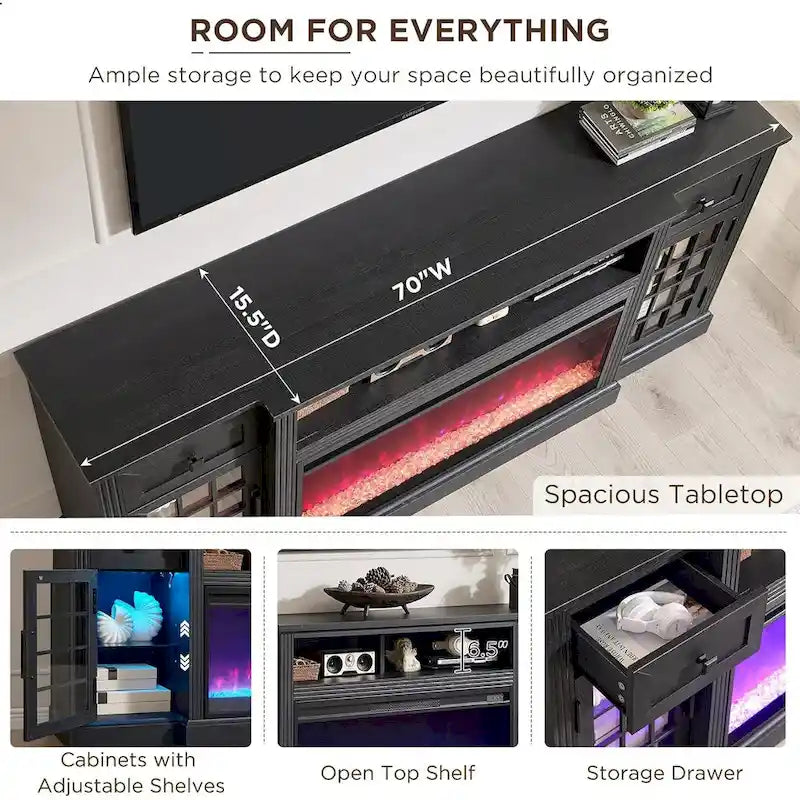 Meuble TV style ferme avec cheminée pour téléviseur 80 pouces, centre de divertissement