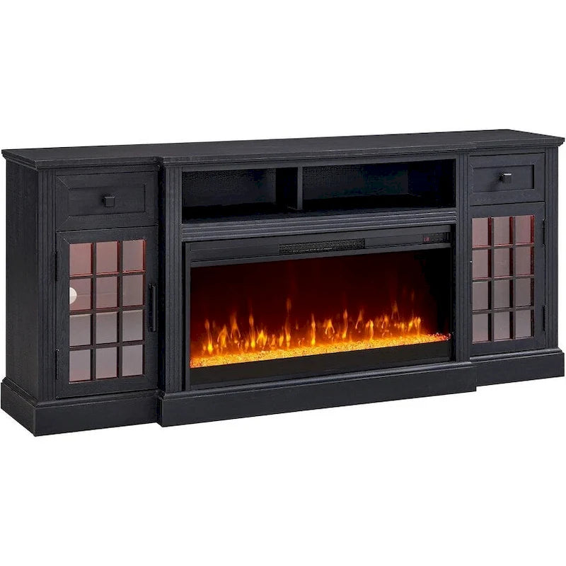 Meuble TV style ferme avec cheminée pour téléviseur 80 pouces, centre de divertissement