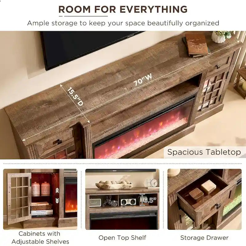 Meuble TV style ferme avec cheminée pour téléviseur 80 pouces, centre de divertissement