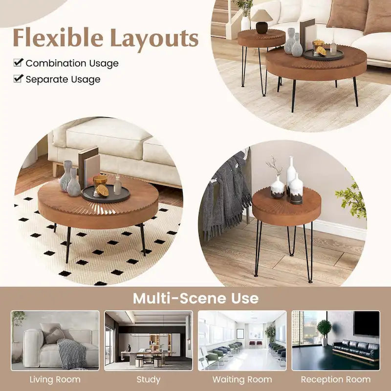 Ensemble de 2 tables basses rondes Costway Farmhouse, finition naturelle - Voir les détails