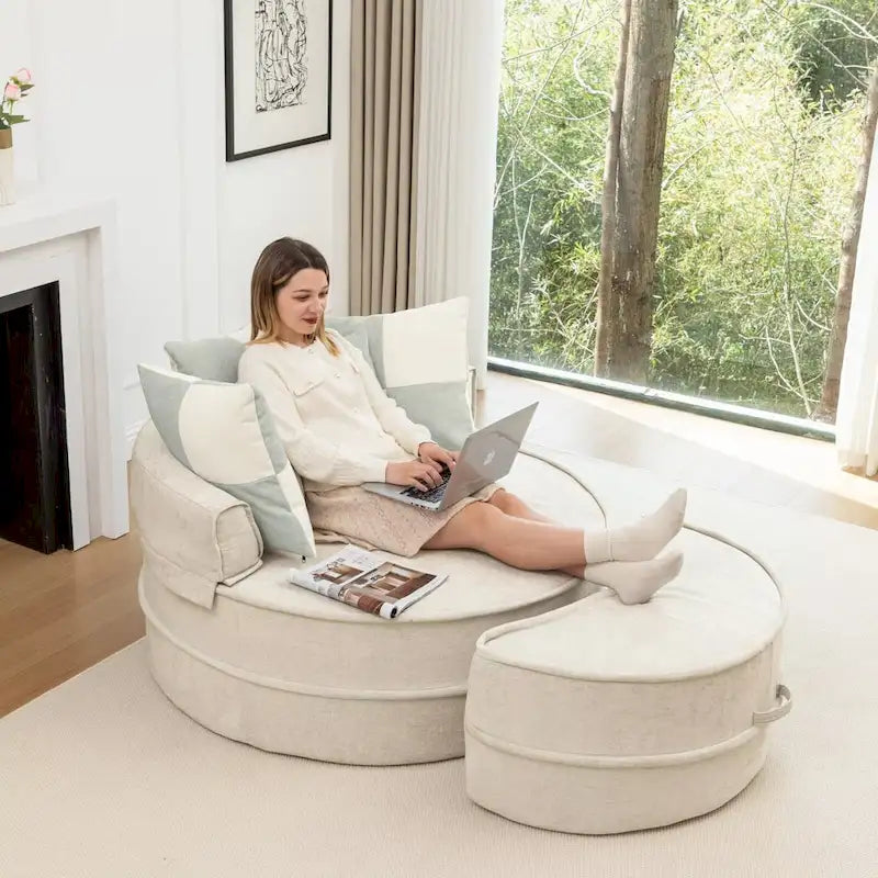 Fauteuil d'appoint moderne rond avec repose-pieds - Canapé lounge en velours