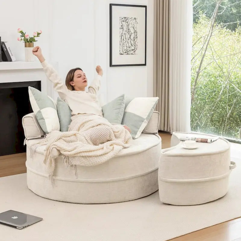 Fauteuil d'appoint moderne rond avec repose-pieds - Canapé lounge en velours