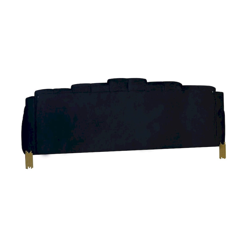 Canapé Theo, velours noir, lumières LED bleues, pieds en métal doré, 211 cm (83 pouces)