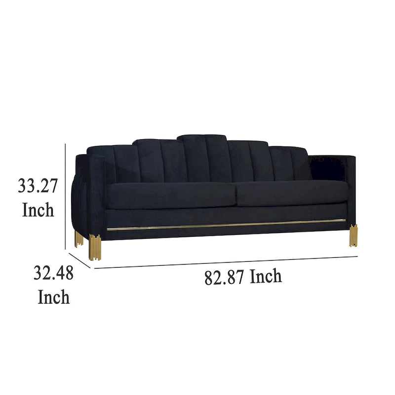 Canapé Theo, velours noir, lumières LED bleues, pieds en métal doré, 211 cm (83 pouces)