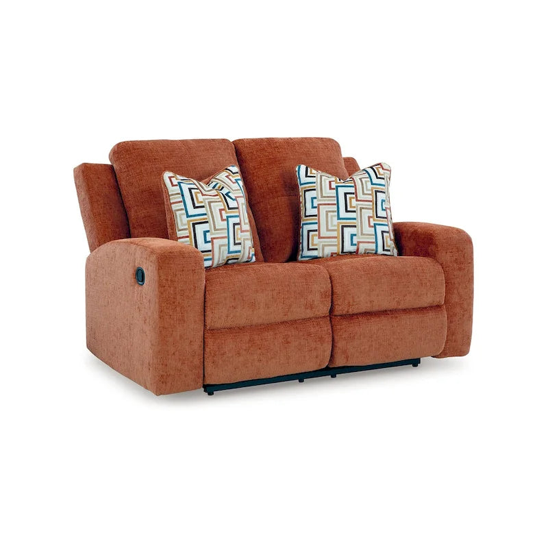 Fauteuil inclinable manuel Genna, canapé deux places, polyester orange, 2 coussins, 162 cm (64 pouces)