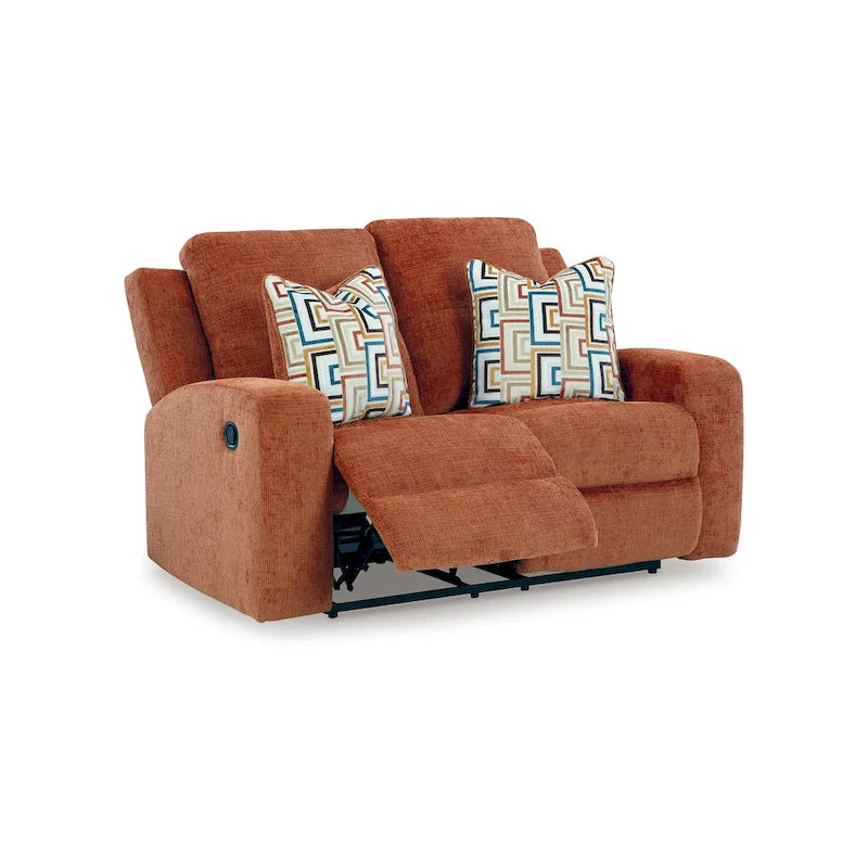 Fauteuil inclinable manuel Genna, canapé deux places, polyester orange, 2 coussins, 162 cm (64 pouces)