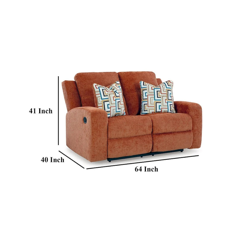 Fauteuil inclinable manuel Genna, canapé deux places, polyester orange, 2 coussins, 162 cm (64 pouces)