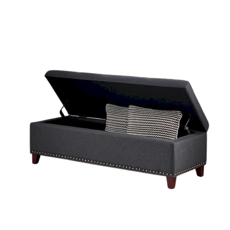 Banc coffre de rangement Nancy, 130 cm, tissu gris foncé, garniture cloutée en laiton