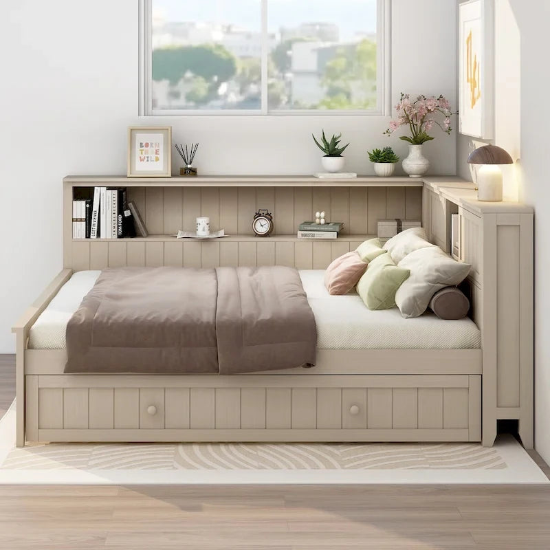 Lit de jour double en forme de L, blanc antique, avec étagères de rangement, compartiments à portes coulissantes et lit gigogne dissimulé