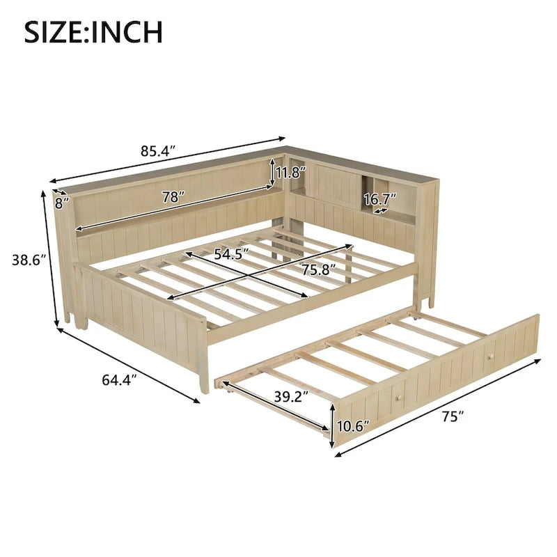 Lit de jour double en forme de L, blanc antique, avec étagères de rangement, compartiments à portes coulissantes et lit gigogne dissimulé