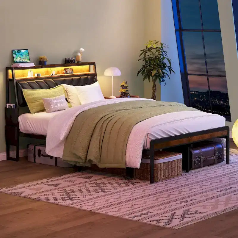 Queen Size Platform Bed with Tilted Headboard and LED
