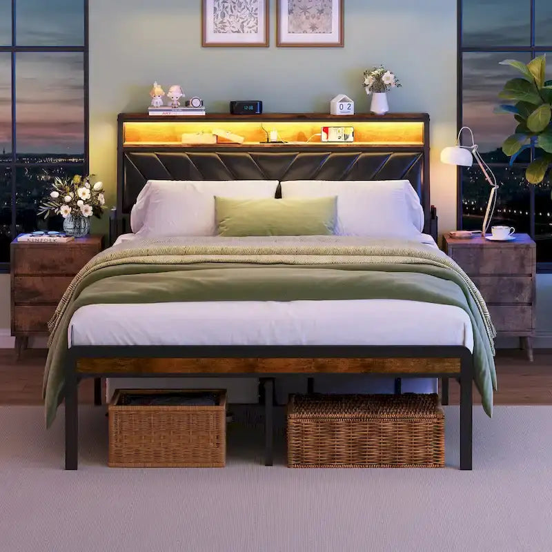 Lit plateforme Queen Size avec tête de lit inclinée et éclairage LED