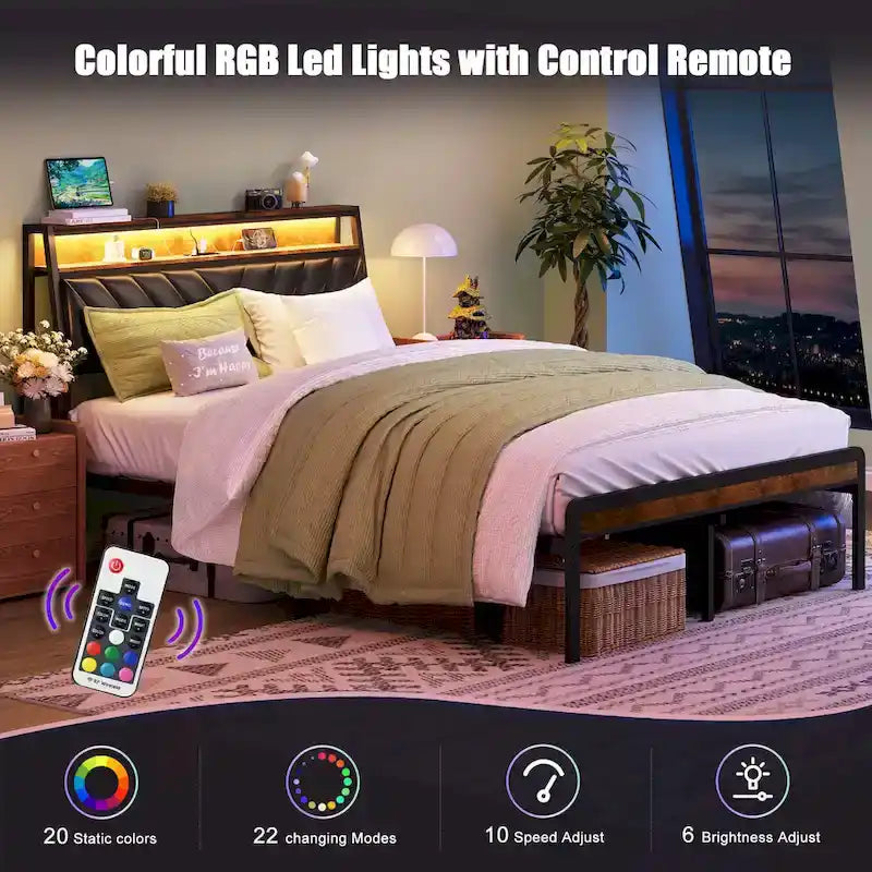 Lit plateforme Queen Size avec tête de lit inclinée et éclairage LED