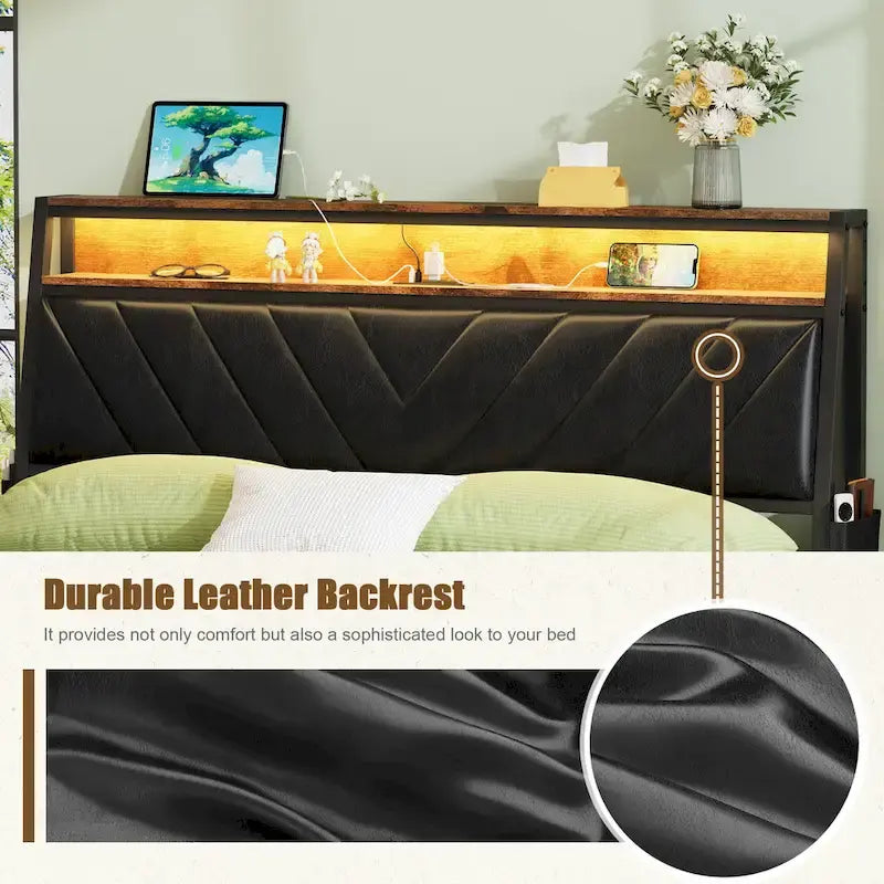 Lit plateforme Queen Size avec tête de lit inclinée et éclairage LED