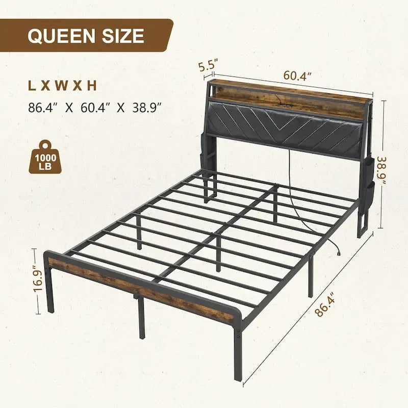 Lit plateforme Queen Size avec tête de lit inclinée et éclairage LED