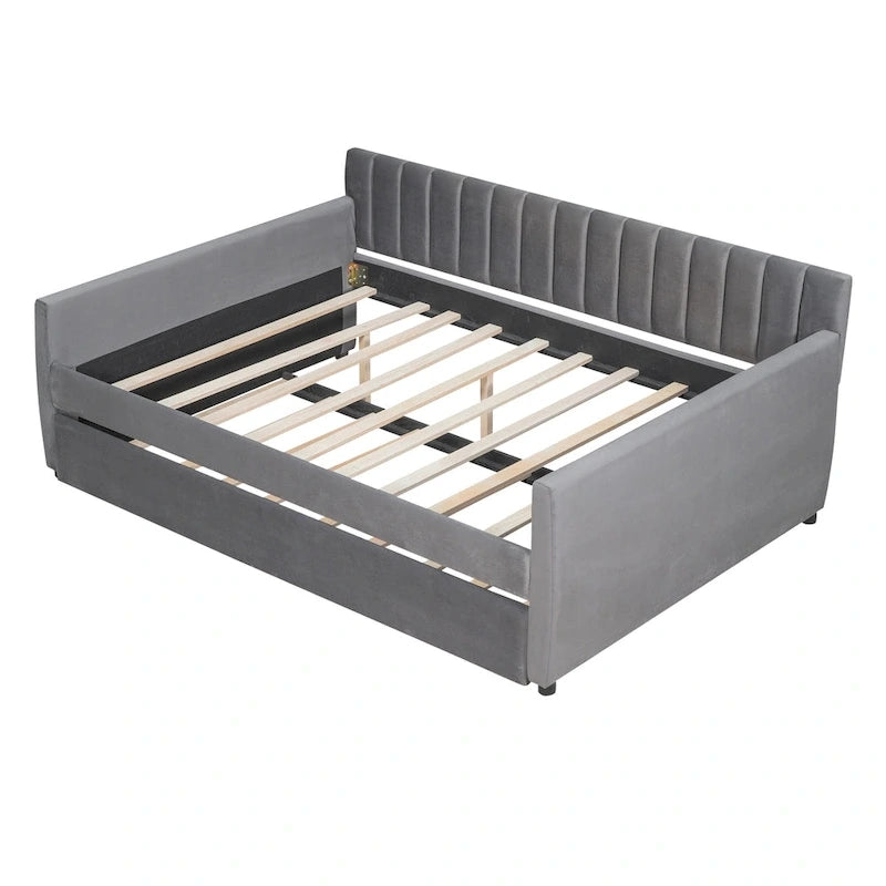 Lit de jour entièrement en velours avec lit gigogne et sommier à lattes en bois