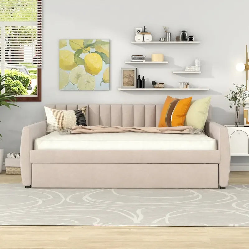 Lit de jour entièrement en velours avec lit gigogne et sommier à lattes en bois