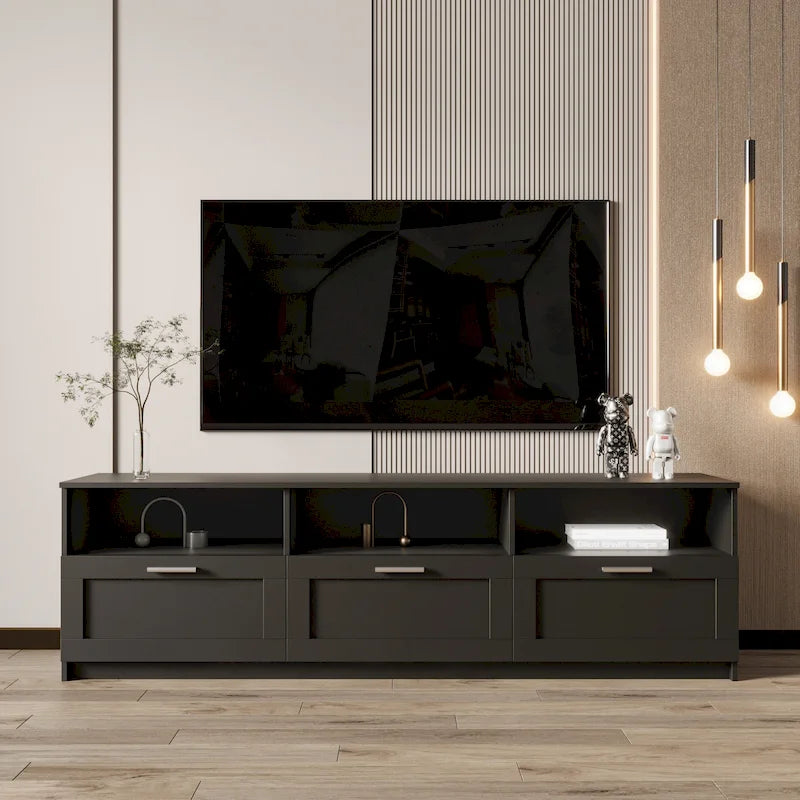 Meuble TV noir moderne et minimaliste avec 3 tiroirs pour téléviseur de 80 pouces - 41 x 180 x 53 cm