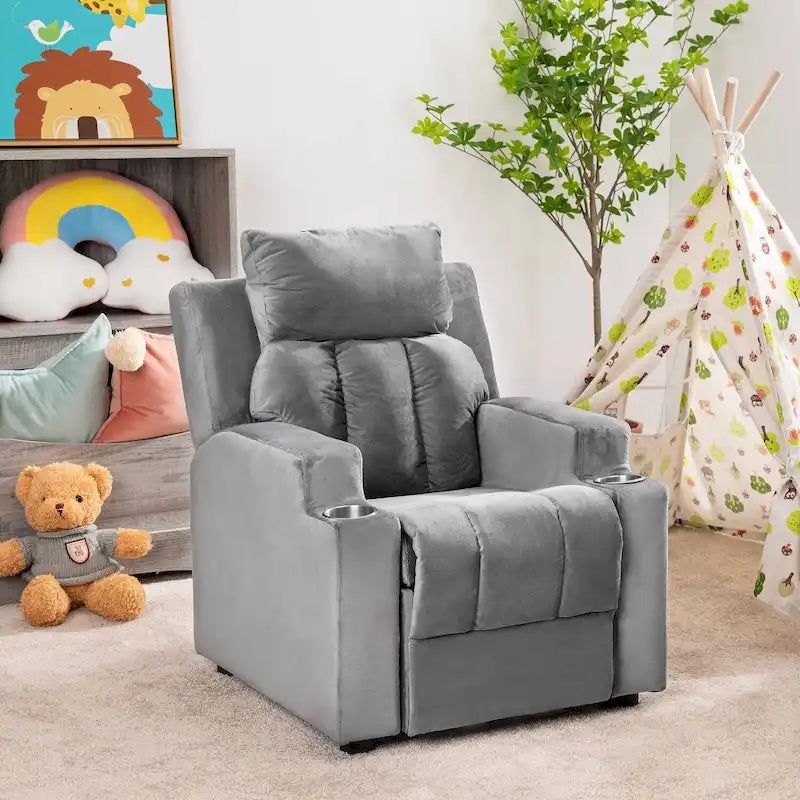 Fauteuil inclinable de luxe pour enfants avec repose-pieds, appui-tête et 2 porte-gobelets. Fauteuil inclinable en microfibre pour enfants de 3 ans et plus.