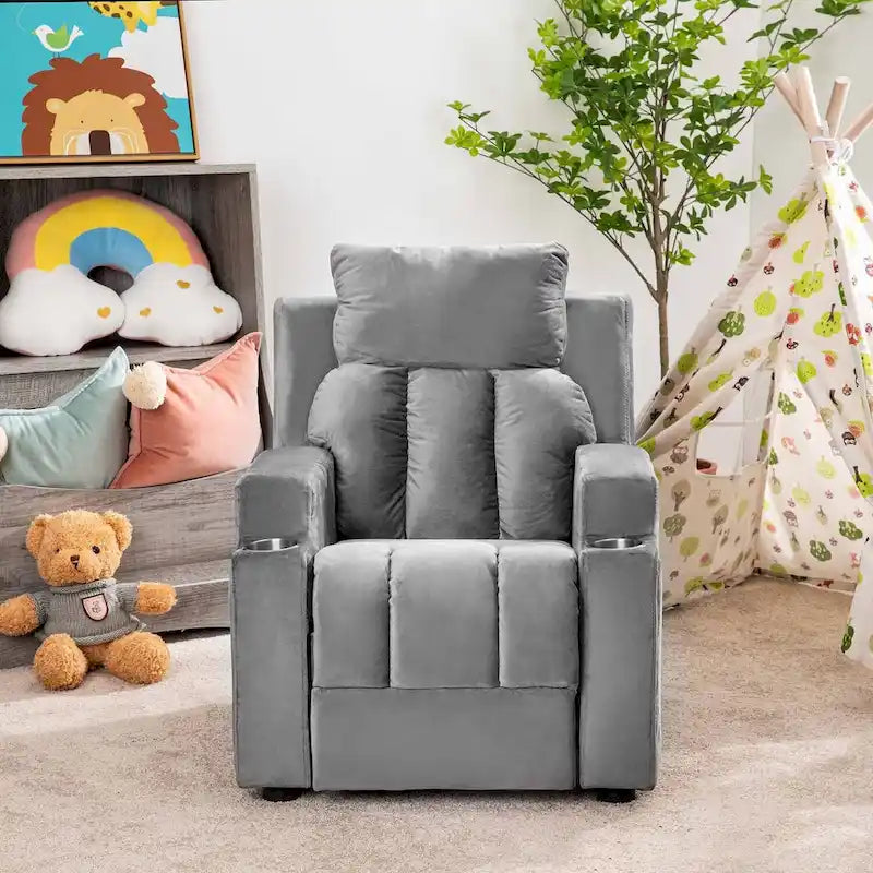 Fauteuil inclinable de luxe pour enfants avec repose-pieds, appui-tête et 2 porte-gobelets. Fauteuil inclinable en microfibre pour enfants de 3 ans et plus.