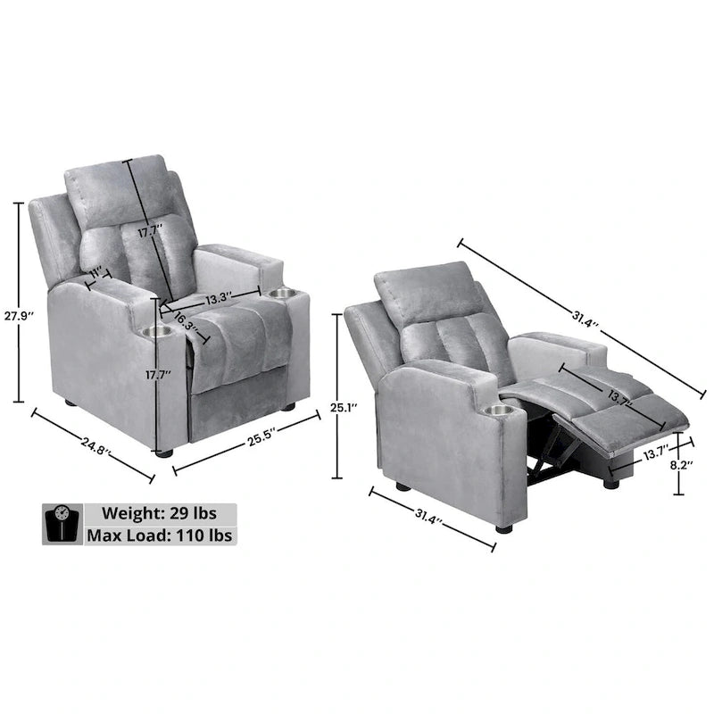 Fauteuil inclinable de luxe pour enfants avec repose-pieds, appui-tête et 2 porte-gobelets. Fauteuil inclinable en microfibre pour enfants de 3 ans et plus.