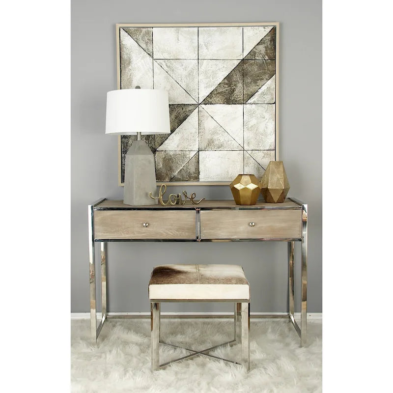 Tabouret en cuir de vachette avec piètement en acier inoxydable argenté - Gris - Roche River Decor