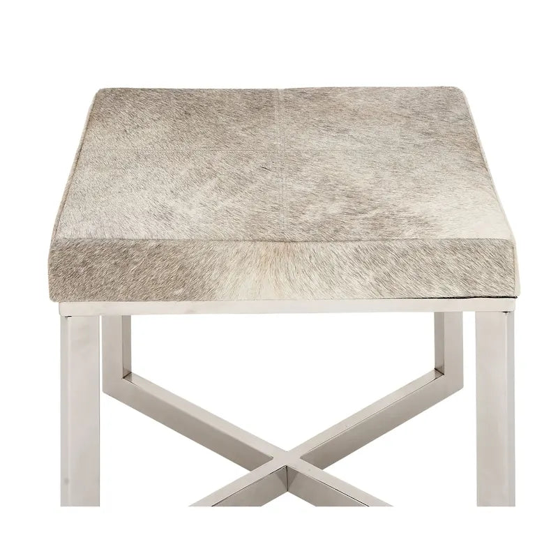 Tabouret en cuir de vachette avec piètement en acier inoxydable argenté - Gris - Roche River Decor